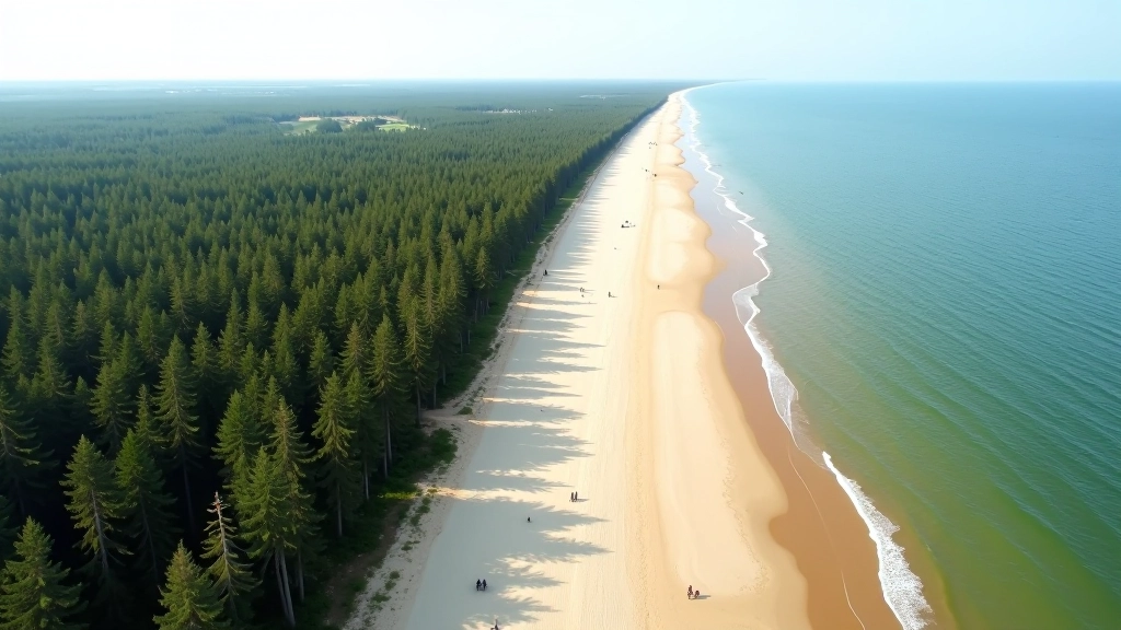 Aerial view of Curonian Spit showing forested interior and sandy beach edge meeting Baltic Sea waters