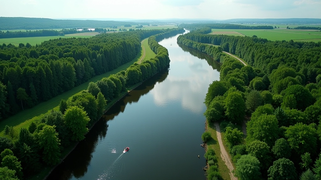 Wide aerial view of the Nemunas River winding through green Lithuanian countryside with forest on both banks and traditional small villages visible