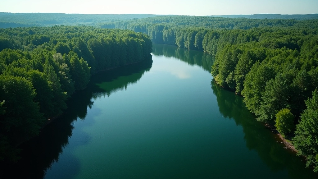 Aerial view of Galvė Lake with clear water and forest shoreline visible from the water level