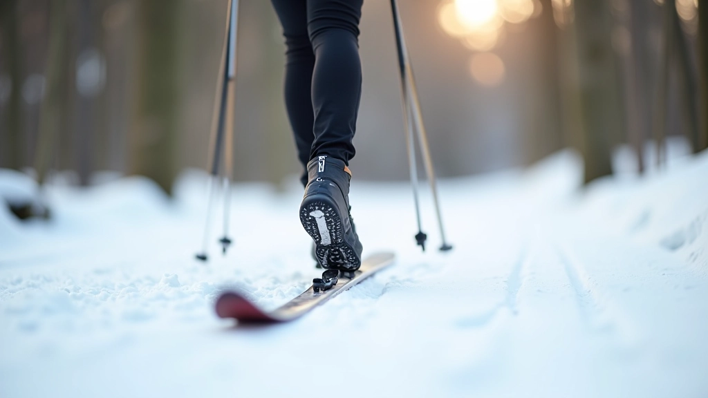 Close-up of skier's legs in motion showing technique on snowy trail with proper stride