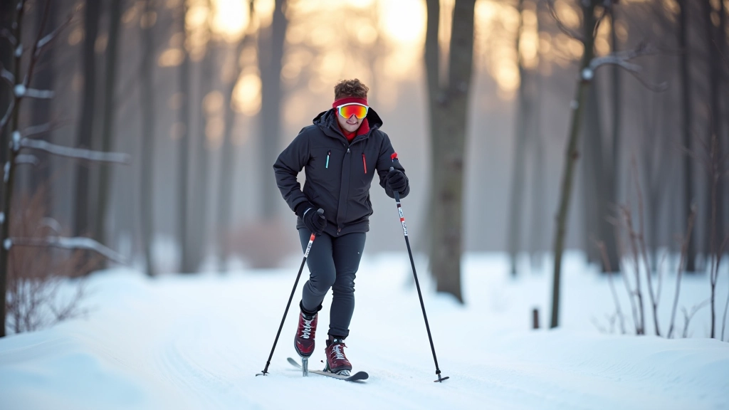 Cross-country skier moving through snowy forest landscape