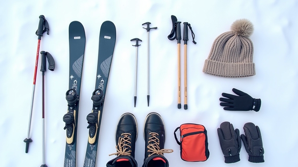 Cross-country skiing equipment laid out on white snow showing skis, boots, poles and winter clothing