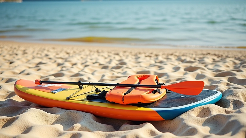Complete SUP setup with board, paddle, and life vest laid out on sandy beach near water