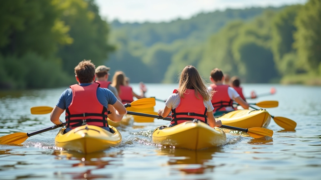 Group of kayakers paddling together on river wearing safety vests, clear water, daytime, following paddling route