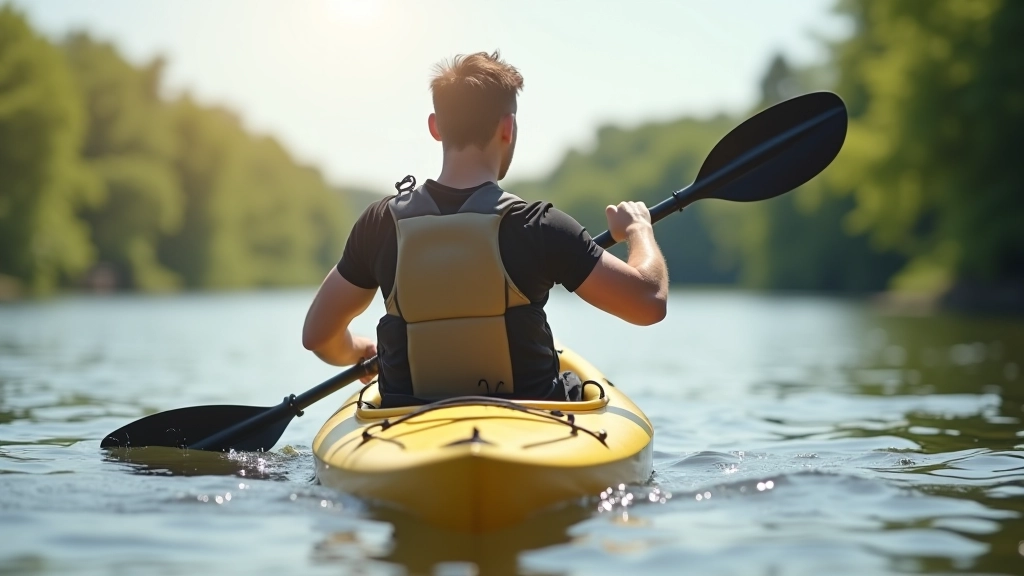 Kayaker demonstrating proper paddle stroke technique on calm river, upper body engaged, paddle at correct angle