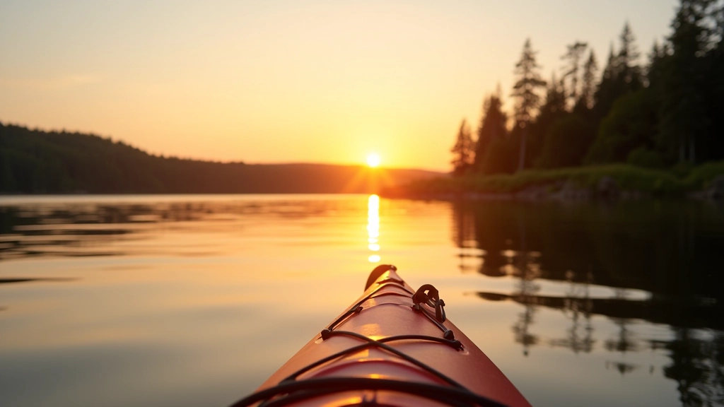 Scenic Lithuanian lake at sunset reflecting golden light with kayaks on shore ready for adventure