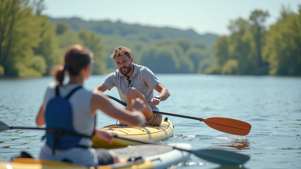 Experienced outdoor instructor demonstrating proper paddling technique on calm Lithuanian lake with students