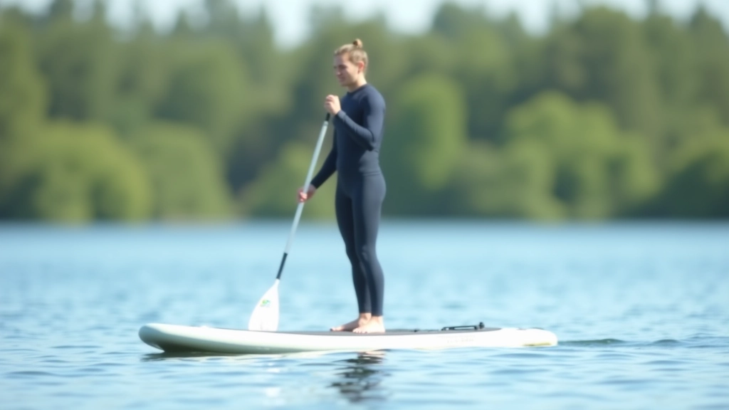 Paddleboarder in correct stance with knees bent and paddle held properly for forward strokes