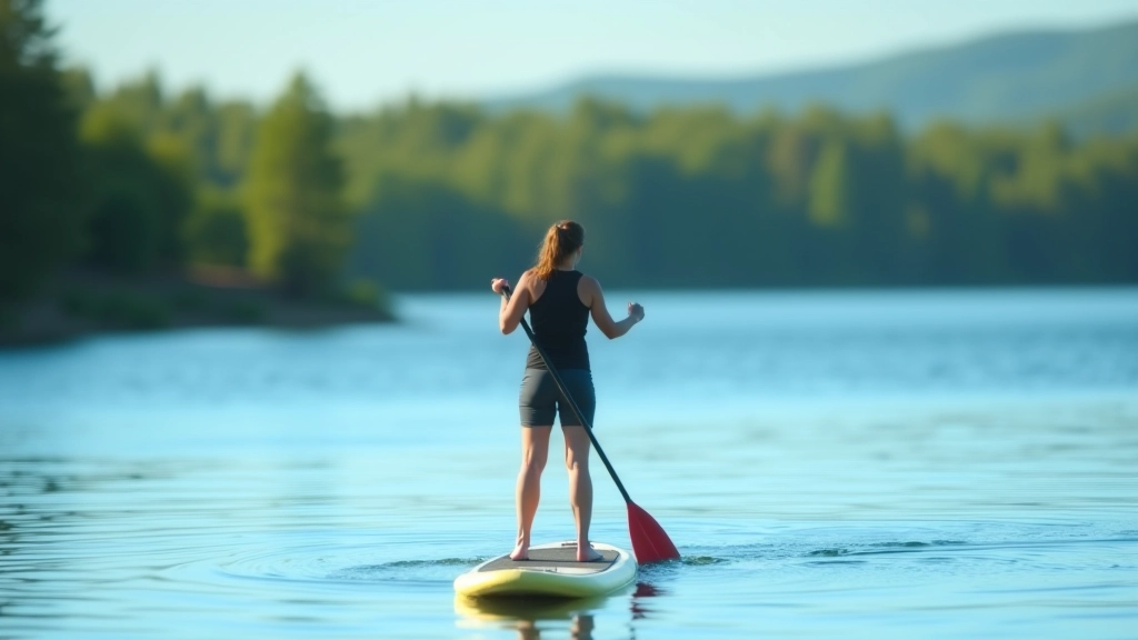 Paddleboarder standing on SUP board with paddle in calm water