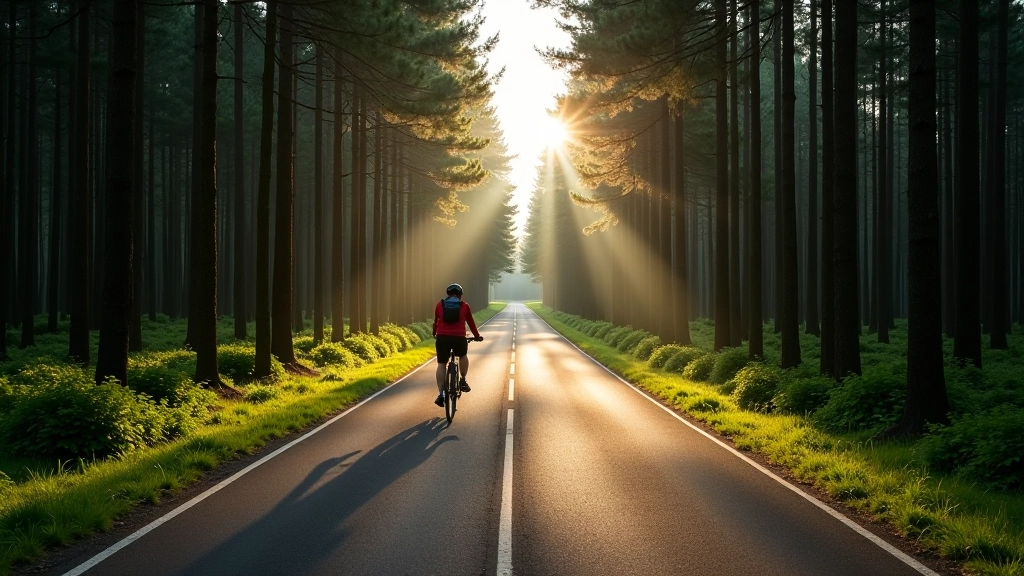 Curved cycling path through dense pine forest on Curonian Spit with morning light filtering through trees