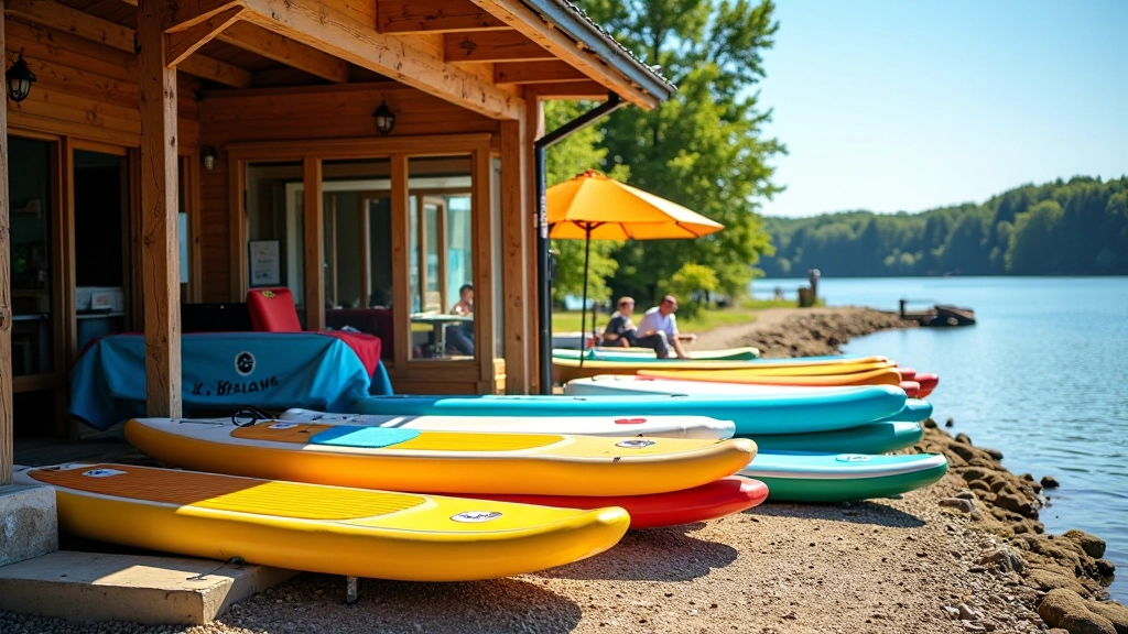 Colorful inflatable SUP boards stacked and ready for rental at a lakeside shop