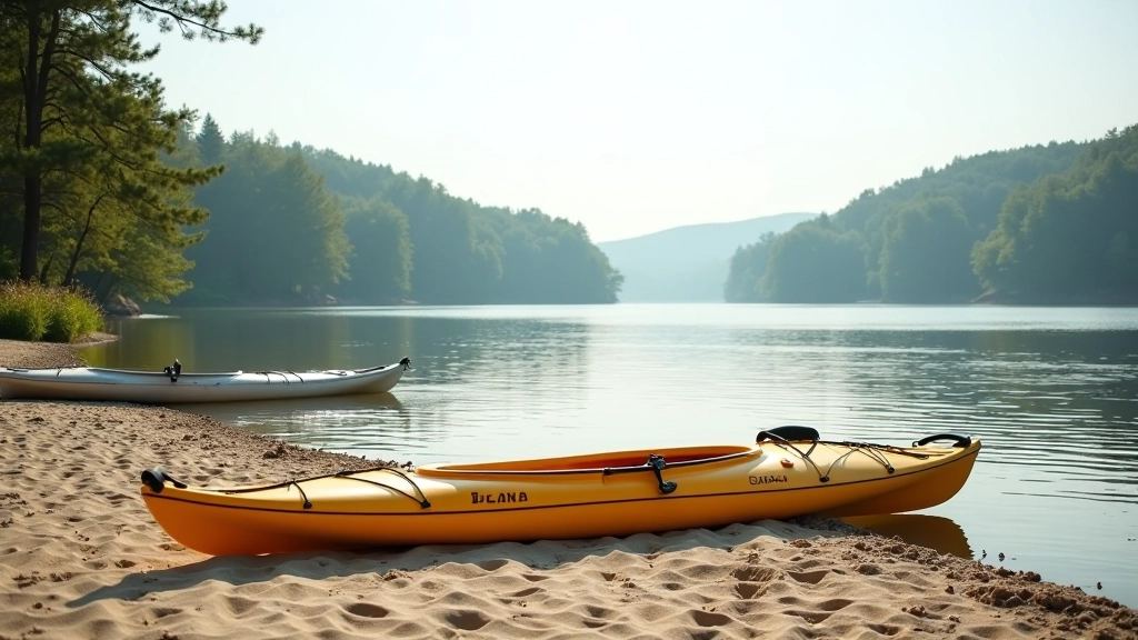 Calm water surface at a kayak launch point with sandy beach, river flowing gently, forest in the background, clear morning light