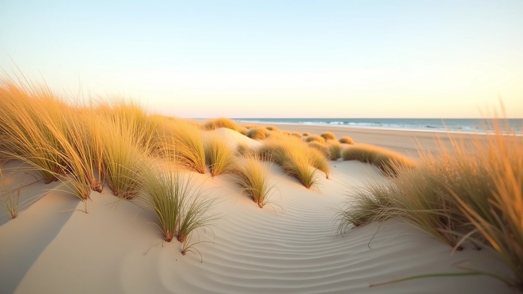 Sandy dune landscape with sparse beach grass and Baltic Sea horizon on Curonian Spit