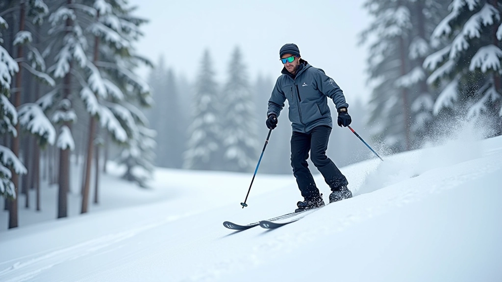 Cross-country skier ascending a gentle snowy hill through winter forest with tall pine trees