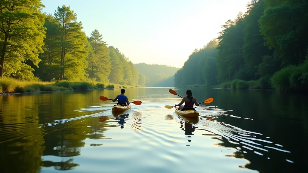 Two kayakers paddling on the calm Nemunas River with green forest banks and traditional Lithuanian landscape