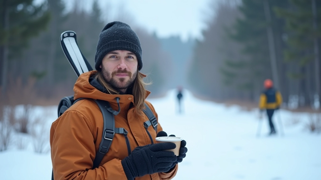 Skier taking break on snowy trail, sitting on equipment with hot drink in winter landscape