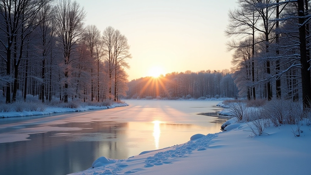 Winter landscape with snow-covered trees and frozen lake at sunset in Ignalina district, golden light